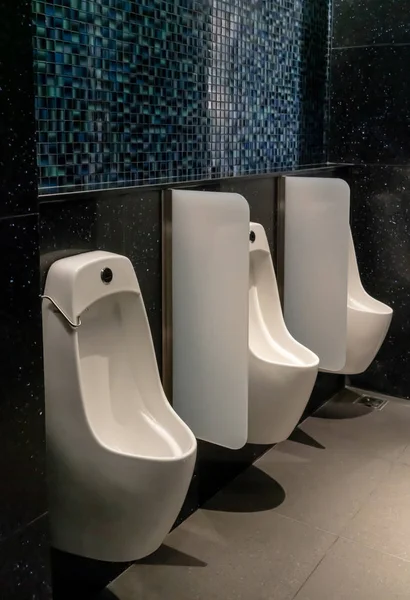 Moderno wc pubblico in colori nero e blu spazio interno. Ceram — Foto Stock