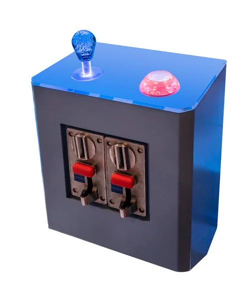 Steuerknüppel oder Arcade-Controller mit Münzprüfer in blau und rot — Stockfoto