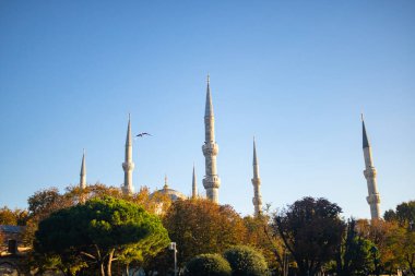 İstanbul 'daki Sultanahmet Camii / Mavi Cami. Ramazan, iftar, kandil, kadir gecesi (laylat al-qadr), İslami yeni yıl, Kurban Bayramı arkaplan fotoğrafı.