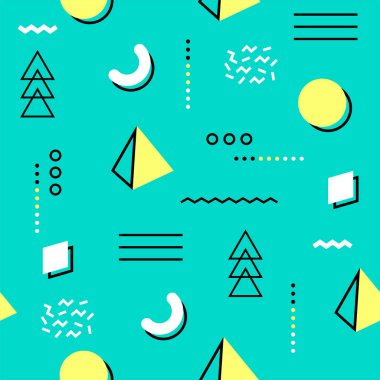 Memphis Dikişsiz desen renkli. Geometrik seamless modeli farklı şekiller 80's-90's tarzı moda. Vektör çizim