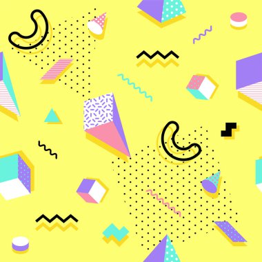 Memphis Dikişsiz desen renkli. Geometrik seamless modeli farklı şekiller 80's-90's tarzı moda. Vektör çizim