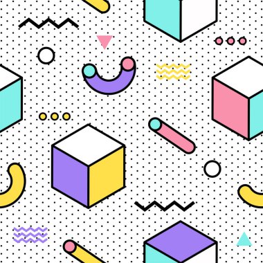 Memphis Dikişsiz desen renkli. Geometrik seamless modeli farklı şekiller 80's-90's tarzı moda. Vektör çizim