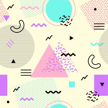 Memphis Dikişsiz desen renkli. Geometrik seamless modeli farklı şekiller 80's-90's tarzı moda. Vektör çizim