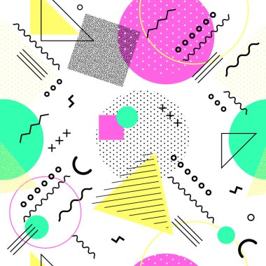 Memphis Dikişsiz desen renkli. Geometrik seamless modeli farklı şekiller 80's-90's tarzı. Vektör çizim