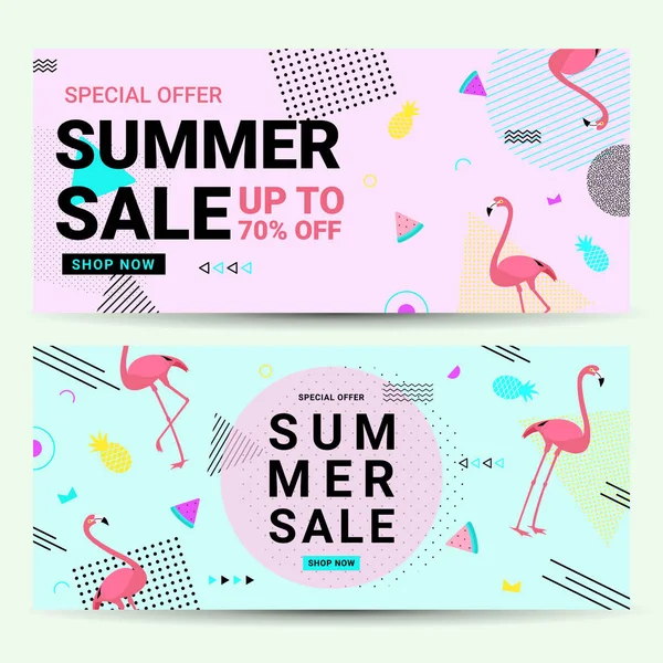 Summer Sale Banner Memphis Style Flamingo Geometric Shapes Sale Background — Stock Vector