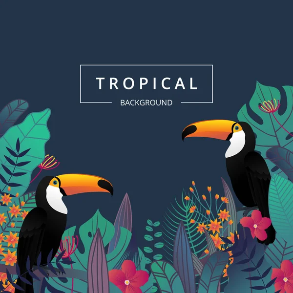 Fond Tropical Avec Oiseau Toucan Feuilles Tropicales Fleurs Bannière Été — Image vectorielle