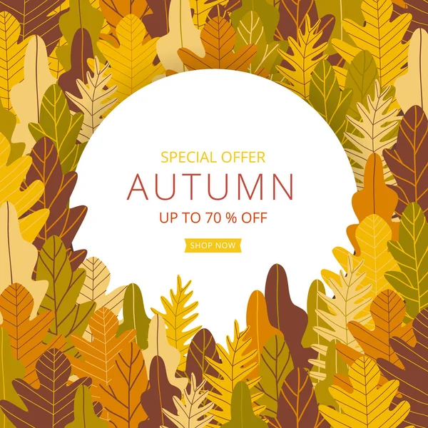 Sonbahar satış afiş düzeni şablonu süslemeleri beyaz çerçeve üzerinde orman arka planda satış veya promosyon afiş, broşür ve web afiş alışveriş için sıcak renk tonu ile. Vektör çizim .