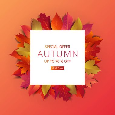 Sonbahar satış afiş düzeni şablonu süslemeleri ile akçaağaç ve gerçekçi yapraklarda renk tonu alışveriş satış veya promosyon afiş, broşür ve web banner için sıcak. Vektör çizim