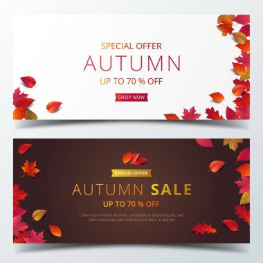 Sonbahar satış afiş düzen şablonu modern tasarım akçaağaç ve satış veya promosyon afiş, broşür ve web afiş alışveriş için gerçekçi yaprakları ile süsleyin. Vektör çizim.