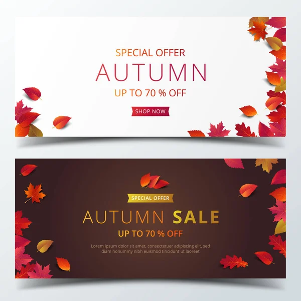 Sonbahar satış afiş düzen şablonu modern tasarım akçaağaç ve satış veya promosyon afiş, broşür ve web afiş alışveriş için gerçekçi yaprakları ile süsleyin. Vektör çizim.