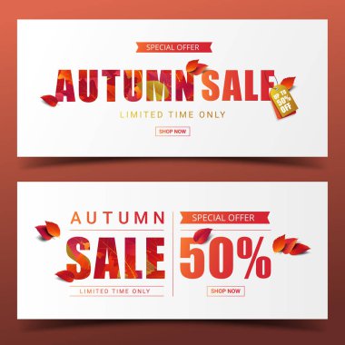 Sonbahar satış afiş düzen şablonu modern tasarım akçaağaç ve satış veya promosyon afiş, broşür ve web afiş alışveriş için gerçekçi yaprakları ile süsleyin. Vektör çizim.