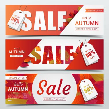 Sonbahar satış afiş düzen şablonu modern tasarım akçaağaç ve satış veya promosyon afiş, broşür ve web afiş alışveriş için gerçekçi yaprakları ile süsleyin. Vektör çizim.