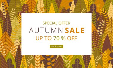 Sonbahar satış afiş düzeni şablonu süslemeleri ile sıcak renk tonu alışveriş satış veya promosyon afiş, broşür ve web banner için ormanda. Vektör çizim .