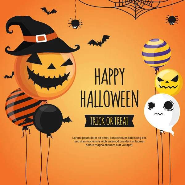 Entwurfsvorlage Für Halloween Banner Halloween Luftballons Auf Orangefarbenem Hintergrund Kürbis — Stockvektor