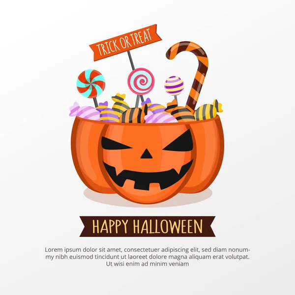 Jack Lantern Godis Hink Vit Bakgrund Happy Halloween Inbjudan Kort — Stock vektor