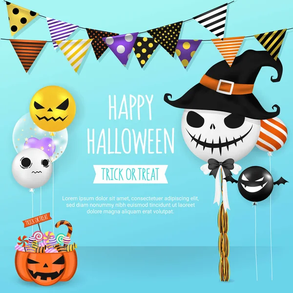 Halloween banner. Happy Halloween party invitation card design template. Realistic Halloween party balloons and colorful flag decoration on blue background. Vector illustration.