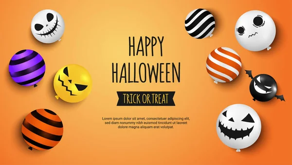 Feliz Banner Halloween Balões Halloween Realista Decoração Tipografia Fundo Laranja —  Vetores de Stock