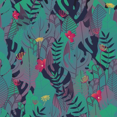 Tropikal yaprak desen kumaş için sorunsuz basar, yastık kılıfı, ambalaj, Web sitesi arka plan, orman duvar kağıdı ve yaprak tekstil kumaş baskı. Vektör çizim.