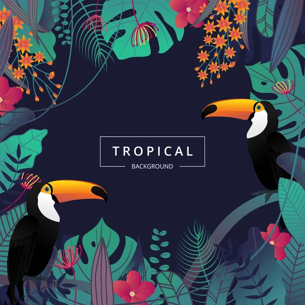 Latar Belakang Tropis Dengan Burung Toucan Daun Tropis Dan Bunga - Stok Vektor