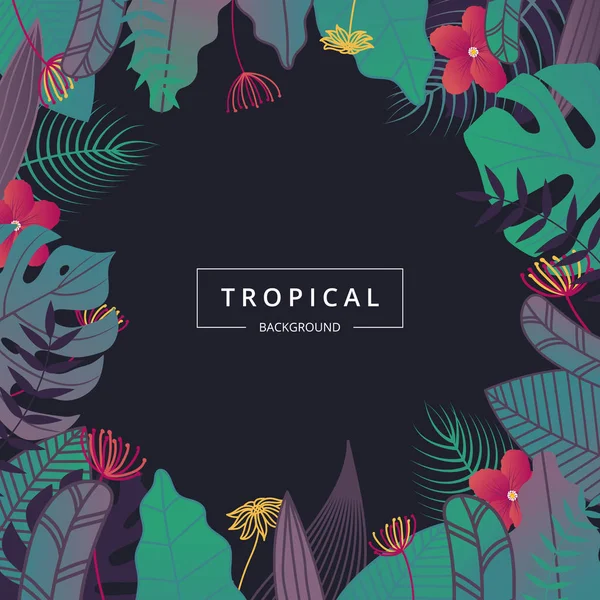 Tropikal Arka Plan Gece Sesi Tropikal Yaprak Çiçek Promosyon Banner — Stok Vektör