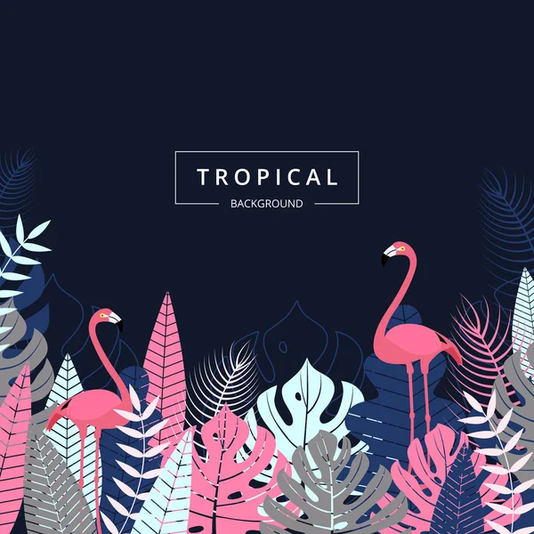 Fondo Tropical Con Pájaro Flamenco Hojas Tropicales Flores Hoja Exótica — Vector de stock