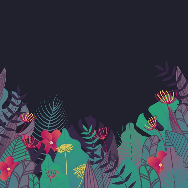 Tropische Achtergrond Nacht Toon Tropische Bladeren Bloem Jungle Blad Frame — Stockvector