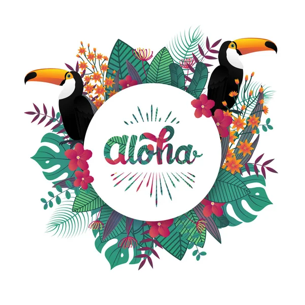 Tropikal Afiş Tasarım Şablonu Tropikal Yaprak Toucan Kuşlar Aloha Poster — Stok Vektör