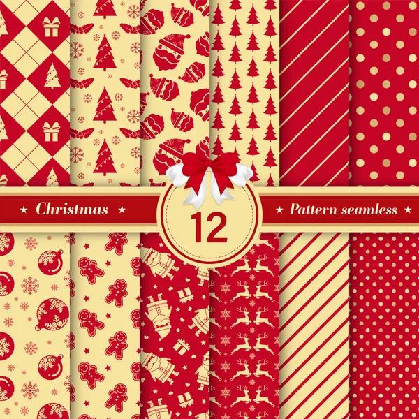 Neşeli Noel desen sorunsuz koleksiyonu kırmızı ve altın renkleri ile. 12 X-mas kış tatil arka plan kümesi. Hediye paketi, duvar kağıdı, web afiş arka plan, kağıt ve kumaş desenleri kaydırma için sonsuz doku. 