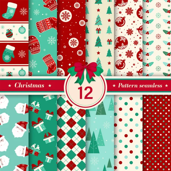 Neşeli Noel desen sorunsuz koleksiyonu kırmızı ve yeşil renkleri ile. 12 X-mas kış tatil arka plan kümesi. Hediye paketi, duvar kağıdı, web afiş arka plan, kağıt ve kumaş desenleri kaydırma için sonsuz doku. 
