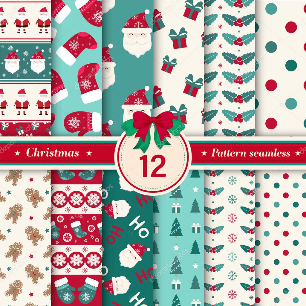 Merry Christmas pattern seamless collection with red, white and green colors. Set of 12 X-mas winter holiday background . Endless texture for gift wrap, wallpaper, web banner background, wrapping paper and Fabric patterns. 