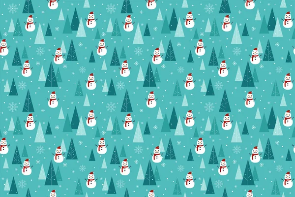 メリー クリスマスのシームレスなパターン 雪だるまとツリーの壁紙 ブルー クリスマス背景 ギフト用包装紙 Web バナーの背景 包装紙 布パターンの無限テクスチャ — ストックベクタ