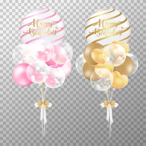 Realistic pink and gold birthday balloons on transparent background. — Stock Vector