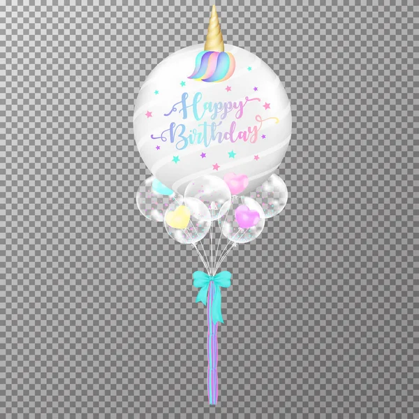 Realistic birthday unicorn  balloons on transparent background.