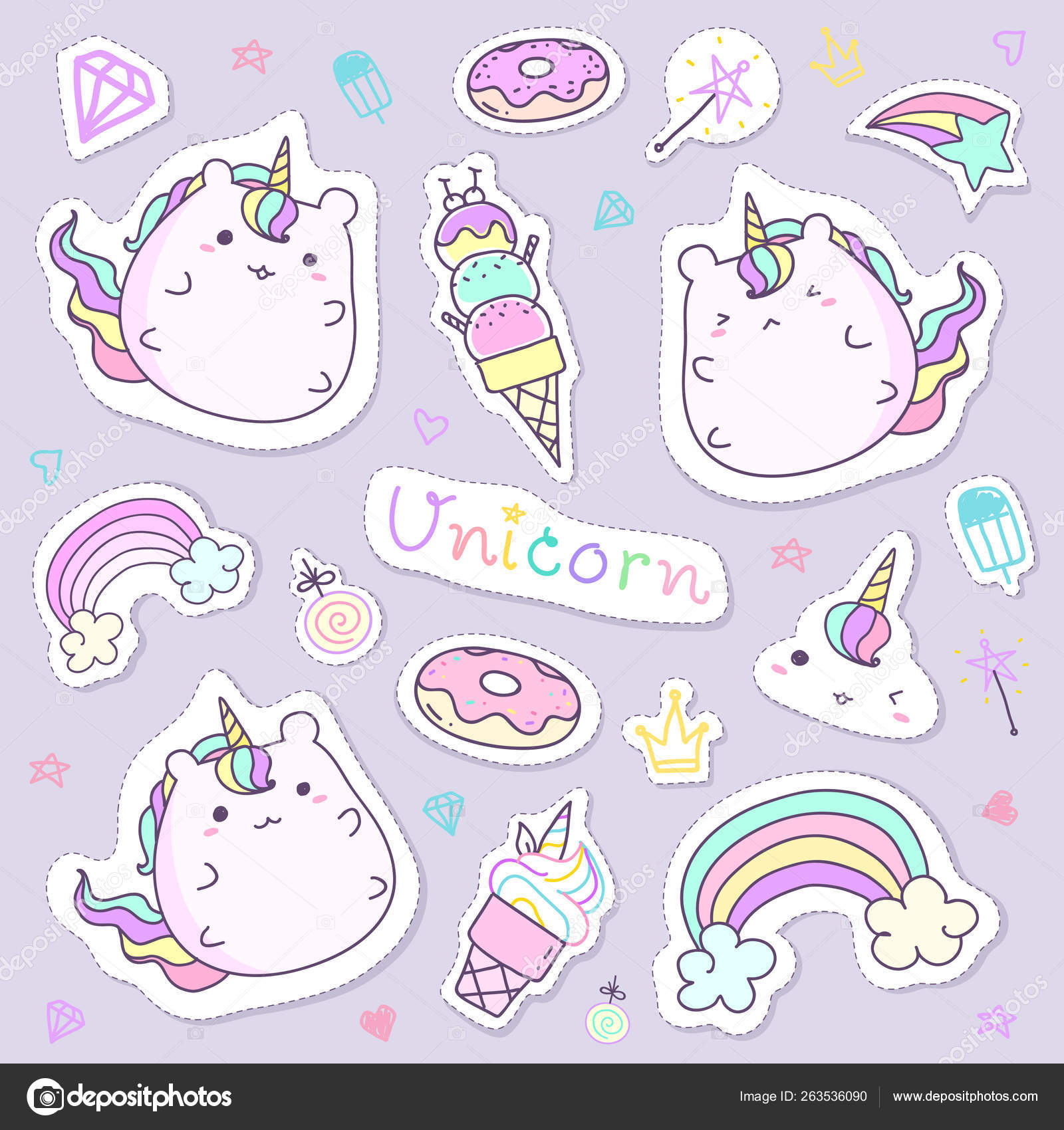 Colección de pegatinas unicornio Kawaii en color pastel . Vector de stock  por ©Mokoland 263536090