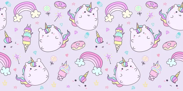 Pastel renkte şirin tek boynuzlu at deseni sorunsuz yatay. 