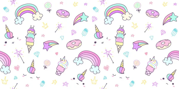 Pastel renkte elle çizilmiş karalama tek boynuzlu at ile desen sorunsuz.