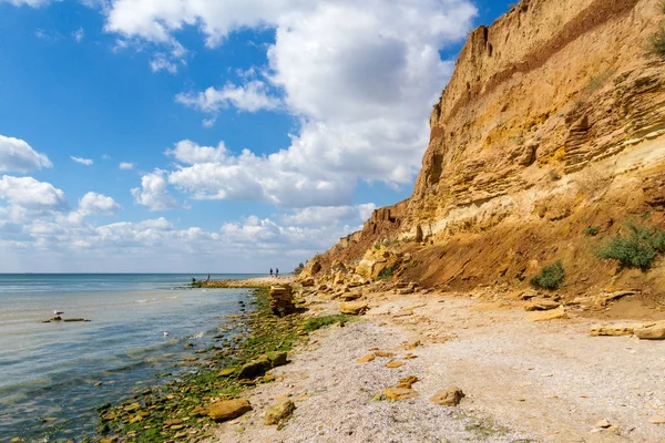Odessa, Ukrayna - 31 Ağustos 2013: aile vahşi bir kumsalda dinleniyor. Yatay olarak çerçeveli atış