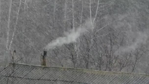 Fumar Chimeneas Techos Con Nieve Casas Emite Humo Está Nevando — Vídeos de Stock