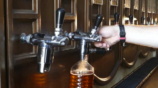 Homem Derramando Cerveja Uma Garrafa Plástico Fábrica Engarrafamento Cerveja Barman — Vídeo de Stock