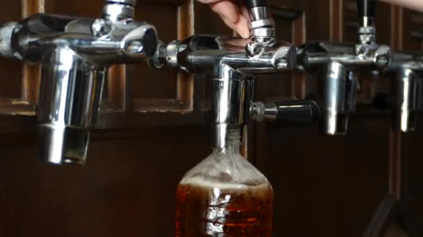 Man gieten bier in een plastic fles. Bier bottelen plant. Barman serveert in de taverne. — Stockvideo