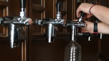Plastik şişeye bira döken adam. Bira şişeleme tesisi. Barman tavernada hizmet vermektedir.