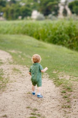 Sazlıkların arka planında yürüyen sevimli küçük bir çocuk. Dikiz aynası. Parkta yürü. Aile hayatı. Dikey çerçevelenmiş çekim.
