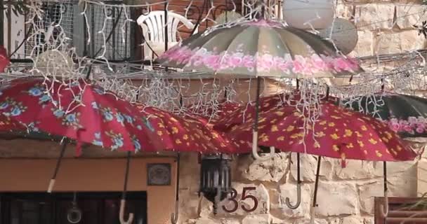 Cute Umbrellas Hanged Outdoor — Stock Video