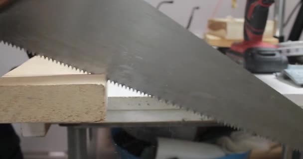 Schneiden Eines Holzstücks Mit Der Handsäge — Stockvideo