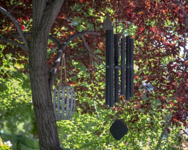 Rüzgar çanı renkli bir günde bir ağaca tutunan