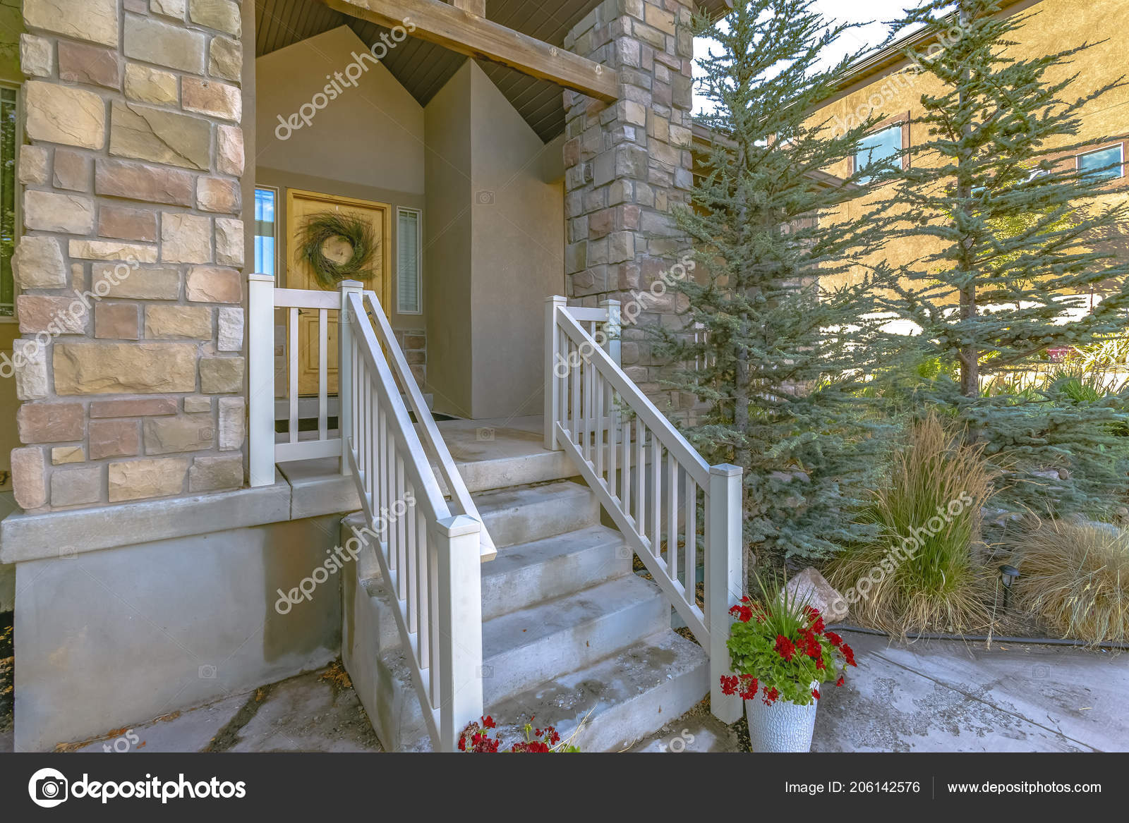 Yellow Front Door With White Railing On Stairs Stock Photo Yellow Front Door With White Railing On Stairs Stock Photo