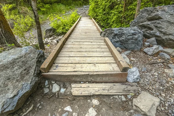 Jembatan kayu tanpa rel di atas sungai — Stok Foto