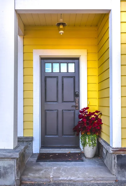 Zona de entrada amarilla con puerta oscura y flores rojas — Foto de Stock