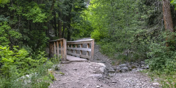 Short narrow wooden bridge over rocky stream — Stock Photo, Image