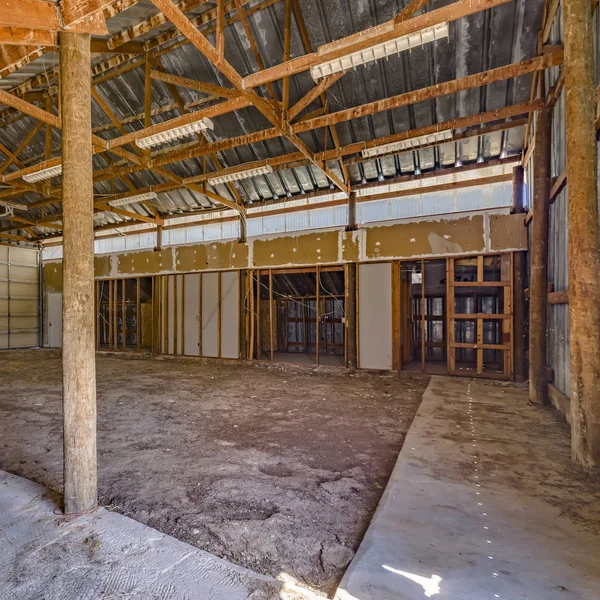 Interior view of an empty aged barn
